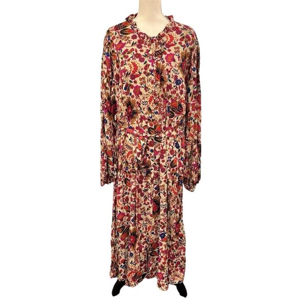 Womens 3X Floral Maxi Dress Full Button Down Ruffle Collar Bell Sleeve Boho - Picture 1 of 10
